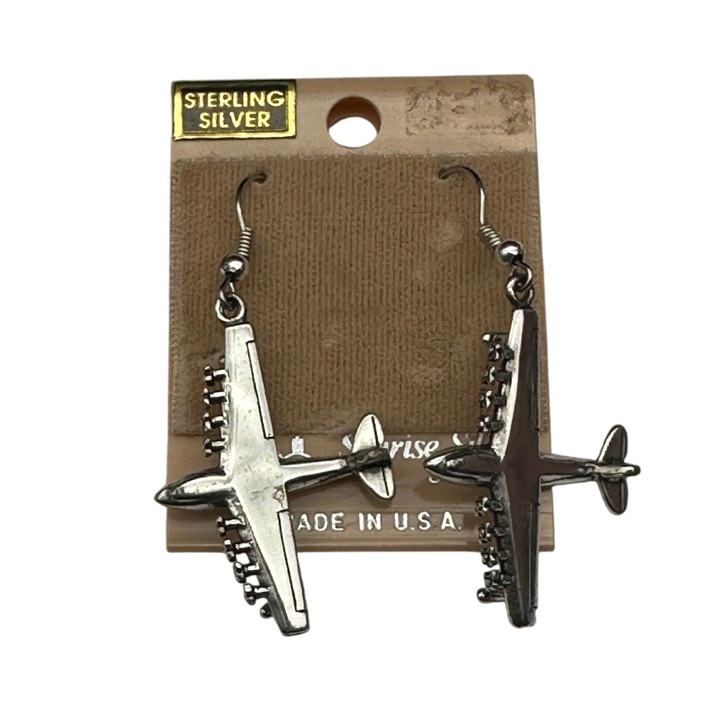 Sunrise Silver Sterling 925 Airplane Dangle Earrings Vintage 90s Aviation 8g‎